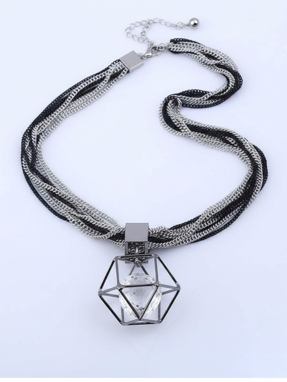 Womens Black & Silver Multi-Chain Pendant Necklace‎